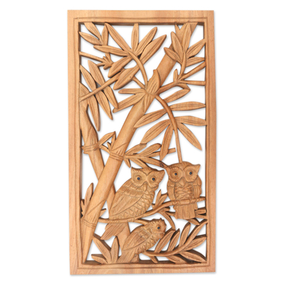 Wood relief panel, 'Owl Family' - Handmade Suar Wood Owl Family Wall Panel from Indonesia