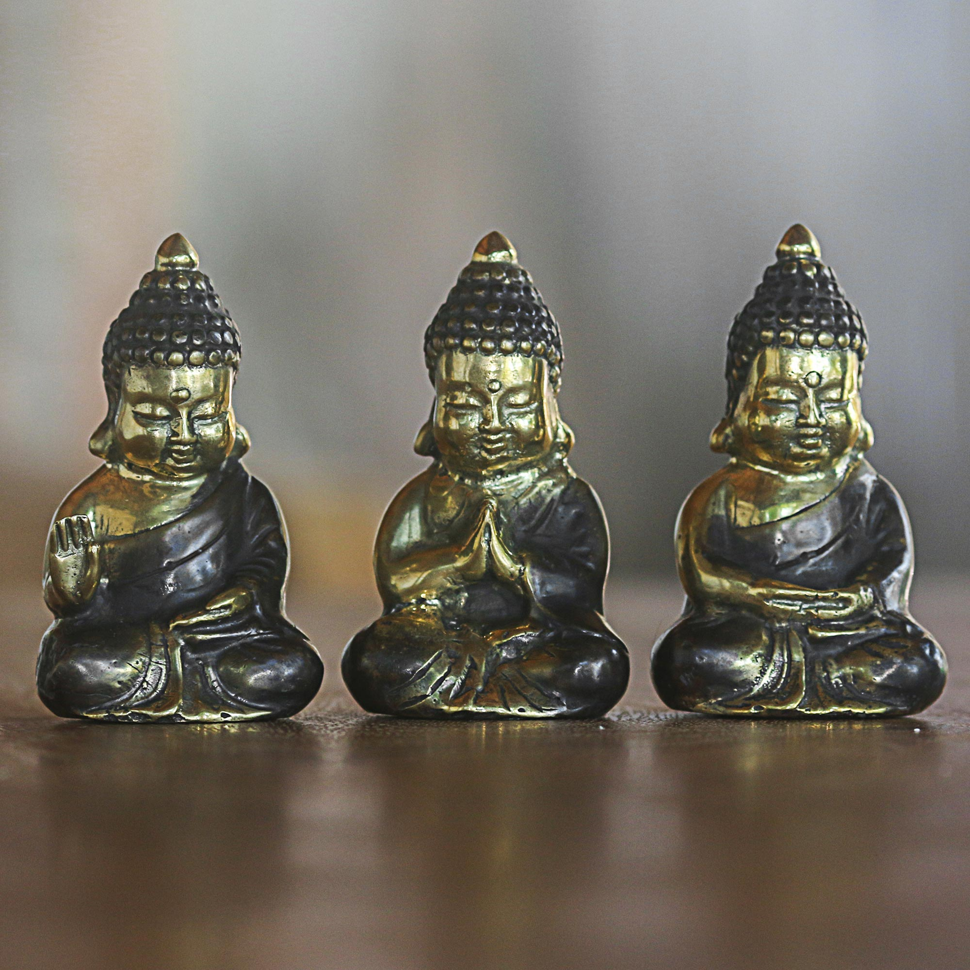 Gold Colored Bronze Sculptures Buddha (Set of 3) Indonesia - Meditating ...