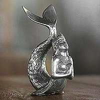 Bronze sculpture, 'Mermaid Royalty' - Silver Colored Bronze Sculpture of a Mermaid from Indonesia