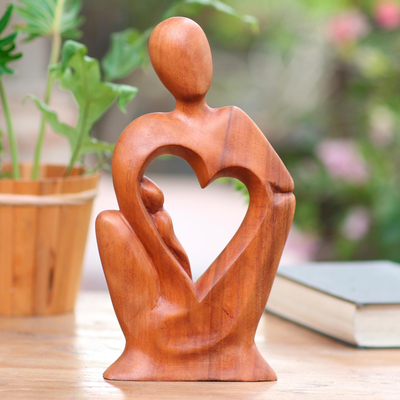 Wood statuette, 'Mother's Tenderness' - Mother and Child Natural Suar Wood Statuette