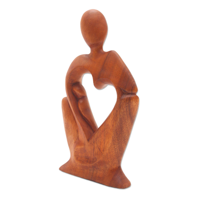 Wood statuette, 'Mother's Tenderness' - Mother and Child Natural Suar Wood Statuette