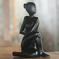 Wood statuette, 'Twisted' - Handmade Twist Yoga Pose Statuette Black Suar Wood