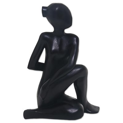 Wood statuette, 'Twisted' - Handmade Twist Yoga Pose Statuette Black Suar Wood
