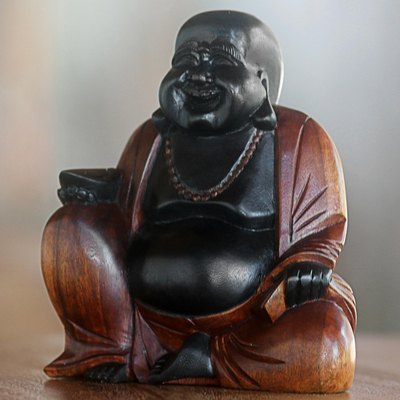Wood sculpture, 'Joyful Buddha' - Hand Carved Buddha Suar Wood Sculpture Black and Brown