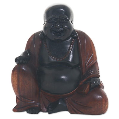 Wood sculpture, 'Joyful Buddha' - Hand Carved Buddha Suar Wood Sculpture Black and Brown
