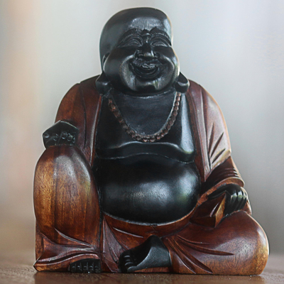 Holzskulptur - Handgeschnitzte Buddha-Suar-Holzskulptur in Schwarz und Braun