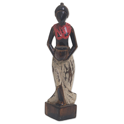 Wood statuette, 'Waterbowl' - Wooden Statuette of Balinese Woman Handmade from Indonesia