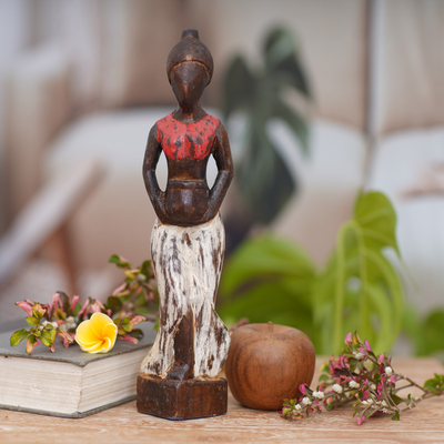 Wood statuette, 'Waterbowl' - Wooden Statuette of Balinese Woman Handmade from Indonesia