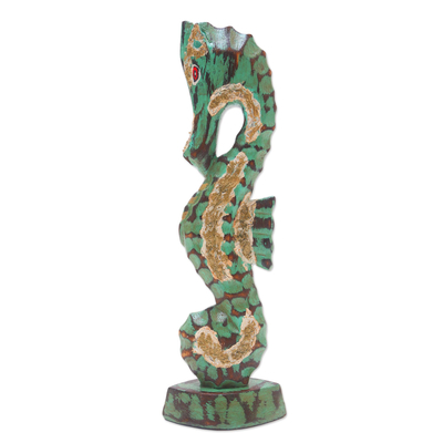 Escultura de madera, 'Caballito de mar calmante' - Estatuilla de caballito de mar de madera tallada a mano de Indonesia