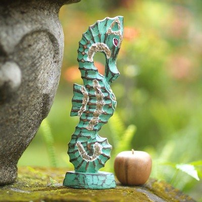 Wood sculpture, ‘Calming Seahorse’ - Hand Carved Wooden Statuette of Seahorse from Indonesia