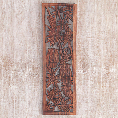Wandreliefplatte aus Holz - Handgefertigtes Wandrelief aus Holz mit Eulen aus Indonesien
