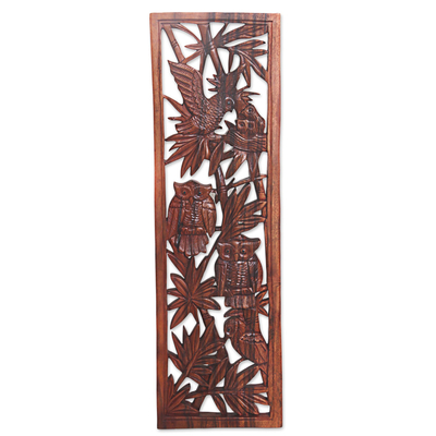 Wood wall relief panel, 'Owl Sanctuary' - Hand Made Wood Wall Relief Owls from Indonesia