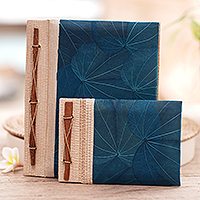 Natural fiber notebooks, 'Autumn Spirit in Blue' (pair) - Handcrafted Pair of Rice Paper Notebooks from Indonesia