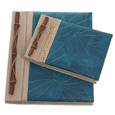 Natural fiber notebooks, 'Autumn Spirit in Blue' (pair) - Handcrafted Pair of Rice Paper Notebooks from Indonesia