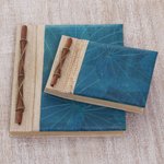 Natural fiber notebooks, 'Autumn Spirit in Blue' (pair) - Handcrafted Pair of Rice Paper Notebooks from Indonesia
