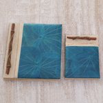 Natural fiber notebooks, 'Autumn Spirit in Blue' (pair) - Handcrafted Pair of Rice Paper Notebooks from Indonesia