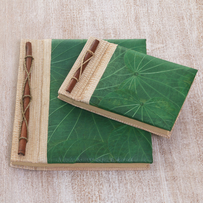 Natural fiber notebooks, 'Autumn Spirit in Green' (pair) - Handcrafted Pair of Rice Paper Notebooks from Indonesia