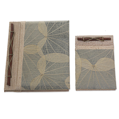 Natural fiber notebooks, 'Autumn Spirit in Grey' (pair) - Handcrafted Pair of Rice Paper Notebooks from Indonesia