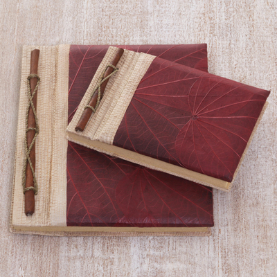 Natural fiber notebooks, 'Autumn Spirit in Red' (pair) - Handcrafted Pair of Rice Paper Notebooks from Indonesia
