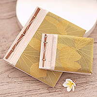 Handcrafted Pair of Rice Paper Notebooks from Indonesia,'Autumn Spirit in Olive'