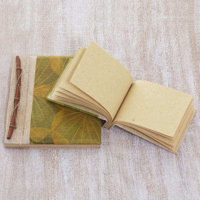Natural fiber notebooks, 'Autumn Spirit in Olive' (pair) - Handcrafted Pair of Rice Paper Notebooks from Indonesia