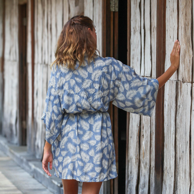 Rayon robe, 'Windy Beach in Cadet Blue' - 100% Rayon Ivory and Cadet Blue Robe from Bali