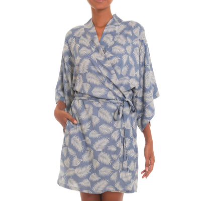 Rayon robe, 'Windy Beach in Cadet Blue' - 100% Rayon Ivory and Cadet Blue Robe from Bali