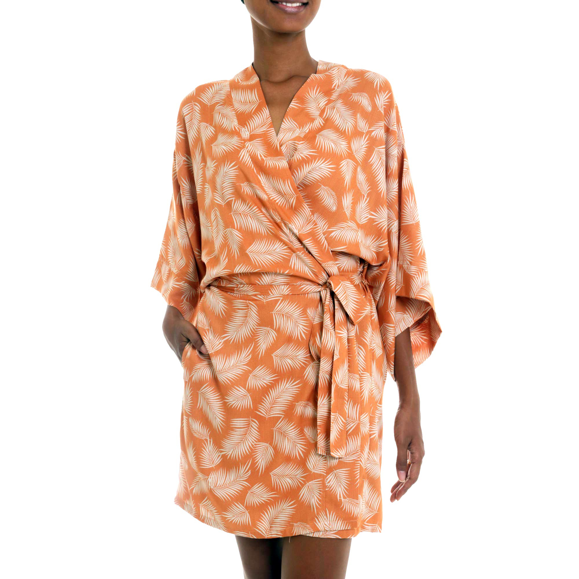UNICEF Market | Balinese Rayon Print Robe in Ivory and Orange - Windy ...