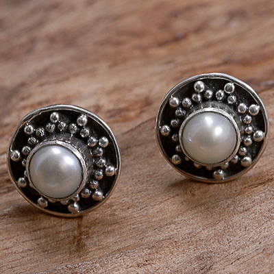 Cultured pearl stud earrings, 'Glowing White Happiness' - Hand Made Cultured Pearl Stud Earrings from Indonesia