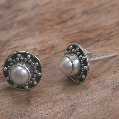 Cultured pearl stud earrings, 'Glowing White Happiness' - Hand Made Cultured Pearl Stud Earrings from Indonesia