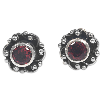Garnet stud earrings, 'Little Happiness in Red' - Hand Made Garnet and Sterling Silver Flower Stud Earrings