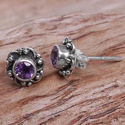 Amethyst stud earrings, 'Little Happiness in Purple' - Hand Made Amethyst Sterling Silver Stud Earrings Indonesia