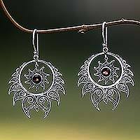 Garnet dangle earrings, 'Shiva's Fire' - Sterling Silver Garnet Dangle Earrings Sun Motif Indonesia