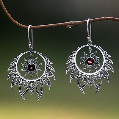 Garnet dangle earrings, 'Shiva's Fire' - Sterling Silver Garnet Dangle Earrings Sun Motif Indonesia
