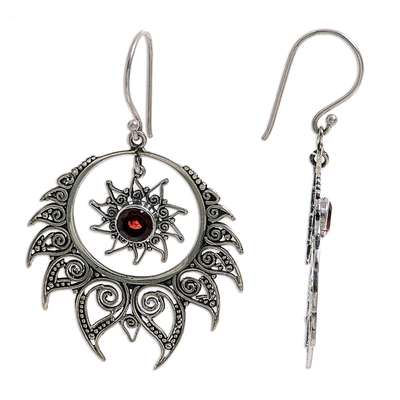 Garnet dangle earrings, 'Shiva's Fire' - Sterling Silver Garnet Dangle Earrings Sun Motif Indonesia