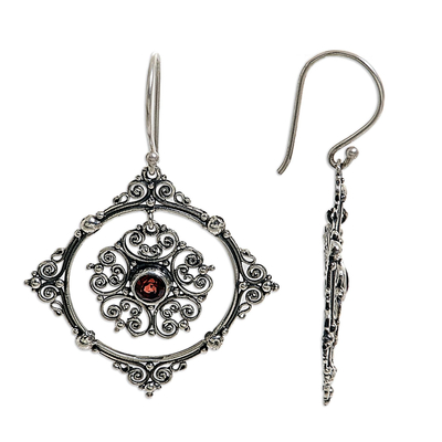 Garnet dangle earrings, 'Red Vibrations' - Hand Made Sterling Silver Garnet Dangle Earrings Indonesia