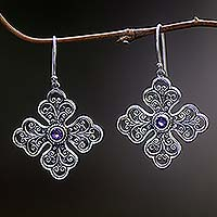 Amethyst dangle earrings, 'Purple Jepun' - Sterling Silver Amethyst Floral Dangle Earrings Indonesia
