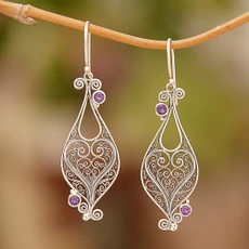 Heart Sterling Silver Amethyst Dangle Earrings Indonesia, 'Heart-Shaped Love'