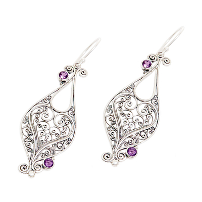Amethyst dangle earrings, 'Heart-Shaped Love' - Heart Sterling Silver Amethyst Dangle Earrings Indonesia