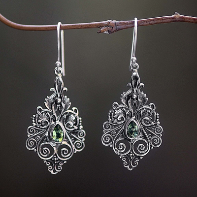 Peridot dangle earrings, 'Open Blossoms' - Sterling Silver Peridot Dangle Earrings from Indonesia