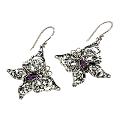 Amethyst dangle earrings, 'Butterfly Effect' - Butterfly Amethyst Sterling Silver Dangle Earrings Indonesia
