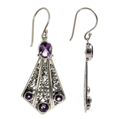 Amethyst dangle earrings, 'Jalak Tail' - Handmade Sterling Silver Amethyst Dangle Earrings Indonesia