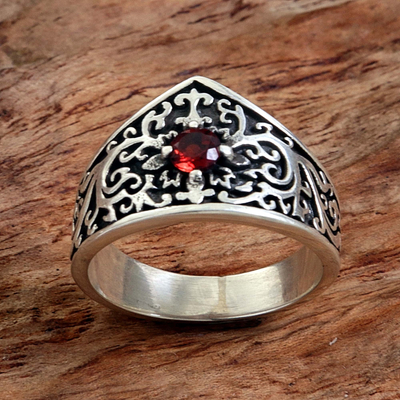 Sterling Silver and Garnet Band Ring from Indonesia, 'Red Crown'