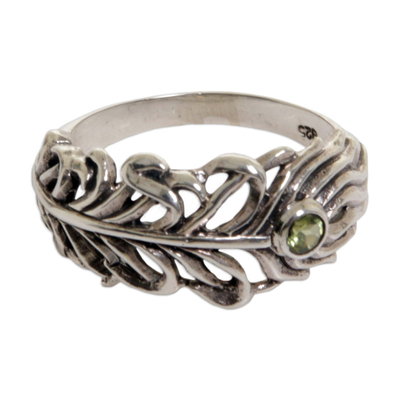 Peridot band ring, 'Feather Light' - Peridot Sterling Silver Feather Band Ring from Indonesia
