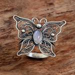 Rainbow moonstone cocktail ring, 'Open Wings' - Rainbow Moonstone Butterfly Cocktail Ring from Indonesia