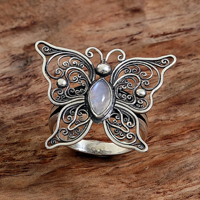 Rainbow moonstone cocktail ring, Open Wings