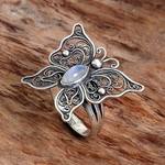 Rainbow moonstone cocktail ring, 'Open Wings' - Rainbow Moonstone Butterfly Cocktail Ring from Indonesia