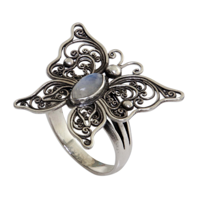 Rainbow moonstone cocktail ring, 'Open Wings' - Rainbow Moonstone Butterfly Cocktail Ring from Indonesia