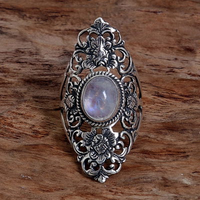 Rainbow moonstone cocktail ring, 'Flower Palace' - Hand Made Floral Rainbow Moonstone Cocktail Ring Indonesia
