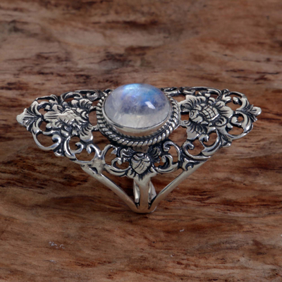 Rainbow moonstone cocktail ring, 'Flower Palace' - Hand Made Floral Rainbow Moonstone Cocktail Ring Indonesia